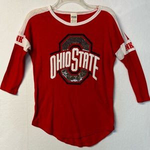 Victoria's Secret Pink Ohio State Buckeyes Sequin T-Shirt Size XS Red 3/4 Sleeve